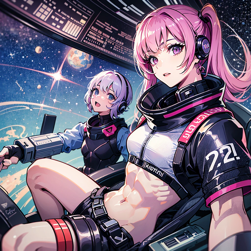 (((masterpiece)))、(((Top image quality)))、(((top-quality)))、((Illustration of one adult))、full bodyesbian、((25-years old))、((25-years old))、(((The face is a woman、The body is a man)))、(((Twintails with pink hair)))、Light gray eyes、((Tall))、((Flat))、(small tits)、((Muscular strong man's body))、((Muscular strong man's body))、((muscular chest plate))、abdominals、((muscular and thick arms))、((muscular and thick legs))、((manspreading))、(((White pilot suit)))、((Sitting in the cockpit))、(The Universe on the Monitor、Earth seen from space、Spaceport)