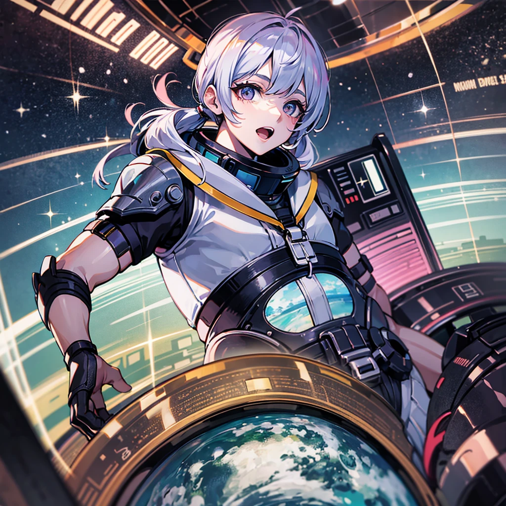 （（（​masterpiece、Top image quality、top-quality、highly detailed unity 8ｋwall-paper）））、（（Illustration of one adult））、（（25-years old））、（pilot）、（（（Beautiful girl with a beautiful face、The body is a man）））、（（（Twintails with pink hair）））、Light gray eyes、（（Tall））、（（Muscular strong man's body））、（（Muscular strong man's body、solid chest、muscular chest plate、abdominals、muscular and thick arms、muscular and thick legs））、（（（白いpilotスーツ）））、（（manspreading、Sitting in the cockpit））、（（space fighter cockpit、The Universe on the Monitor、Earth seen from space））