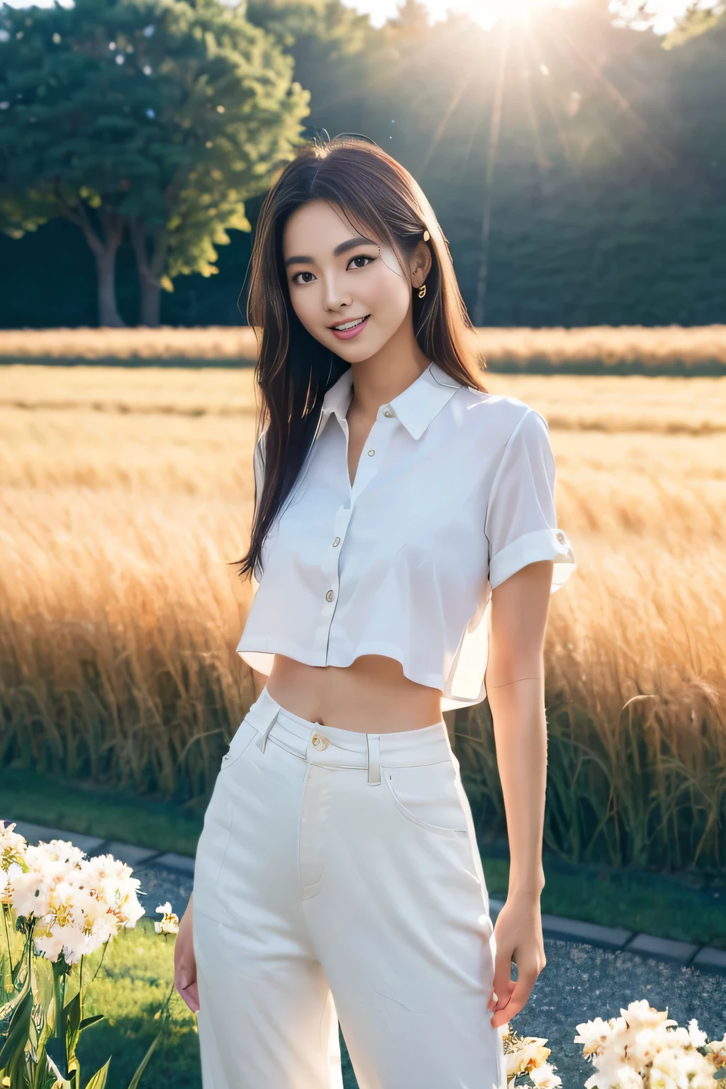 (Best Quality,8K,超A high resolution:1.2),(cute japanese girl beautiful body),(The shirt,Pants Look),(Glamorous),(perfect anatomia、Perfect legs、Toned waist、daily、soft sunlight、jun、Piece of art、full of fields、Open、ssmile