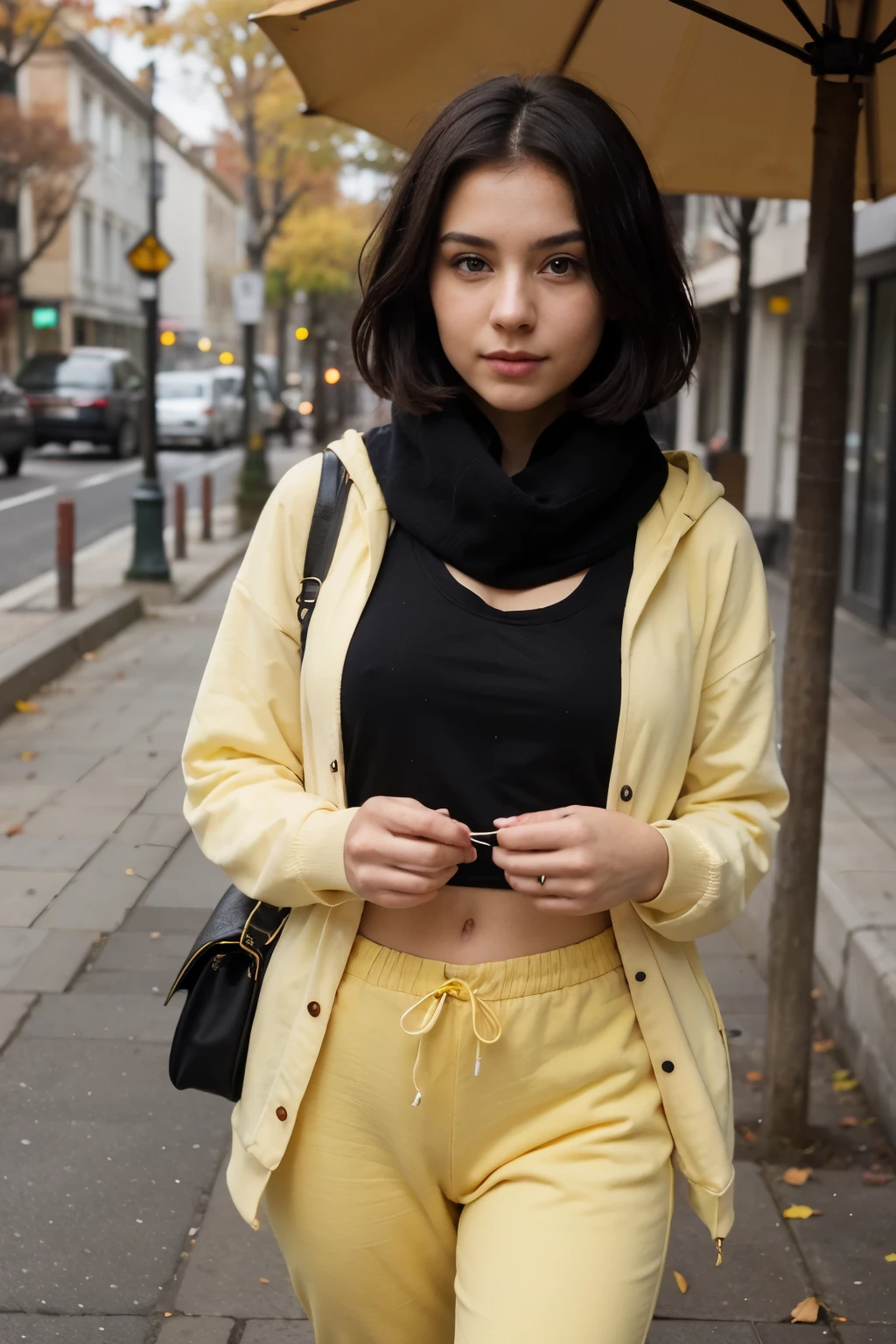 Beautiful girl, yellow hoodie, purple pants, short black hair, on the autumn street, under a yellow umbrella, with a purple shawl