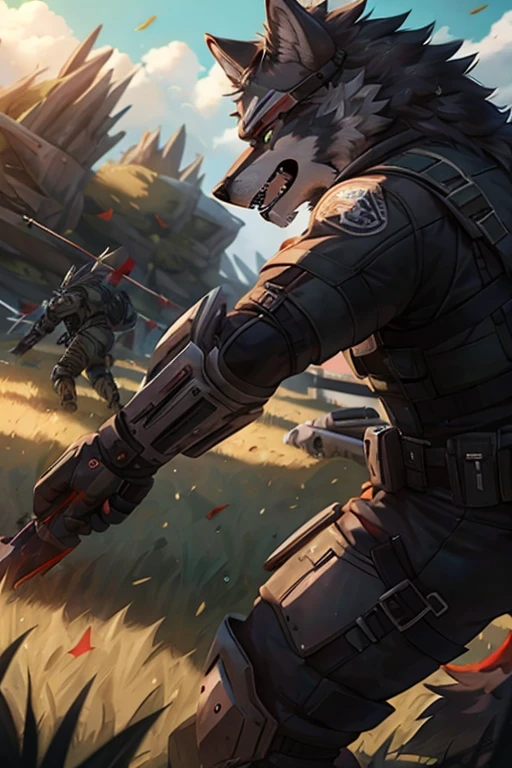 dark grey wolf,grassy fields,assault,body protective equipment,red flags,