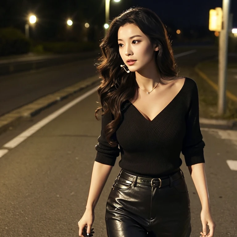 While smoking a cigarette、A woman walking on a deserted road at night、woman's hair is black、beautiful wavy hair、V-neck knit that shows big cleavage、Black leather pants、wears rugged boots