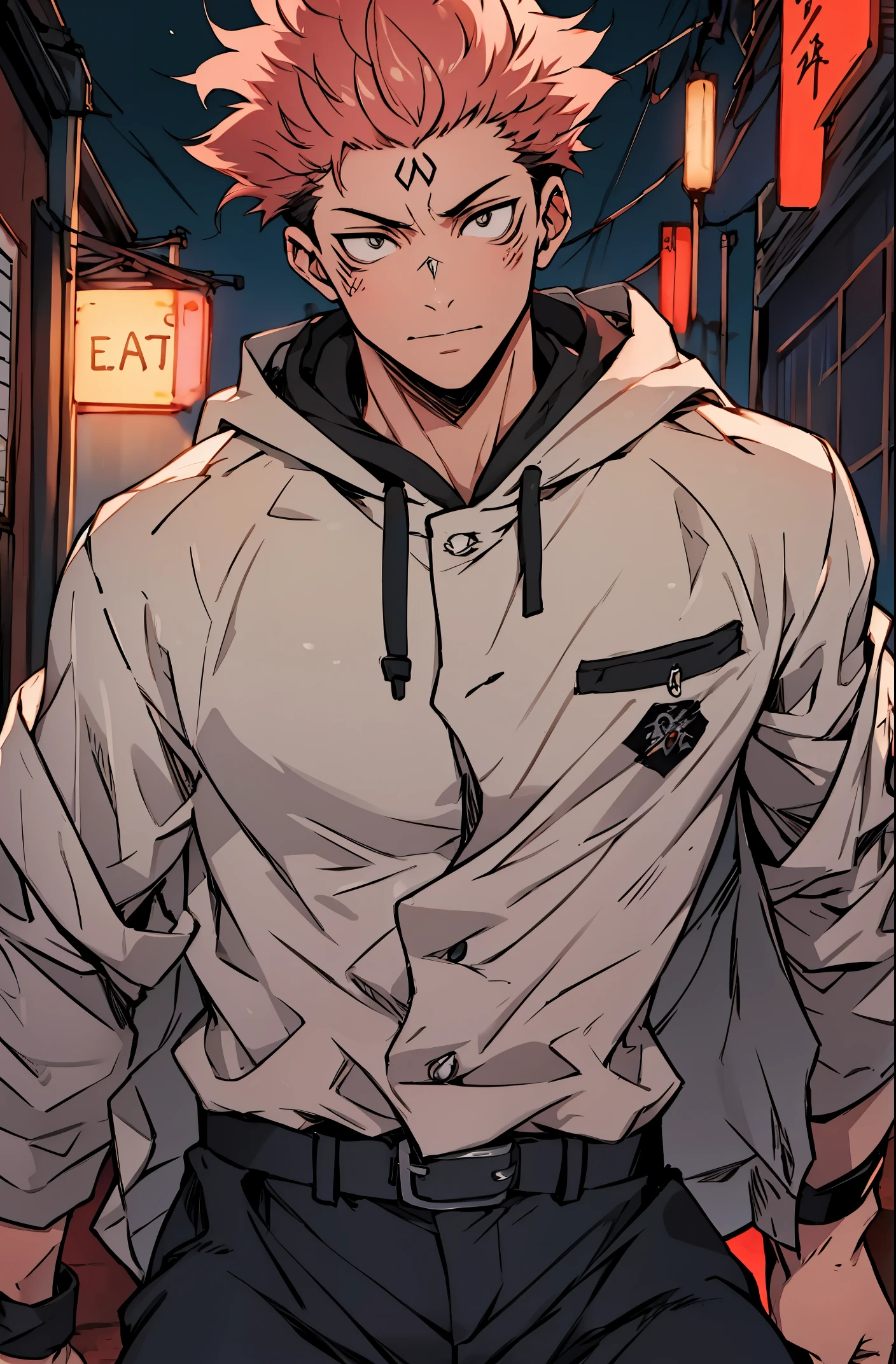 A mais alta qualidade, 8K, image high resolution, estilo Jujutsu Kaisen, Detailed strokes, natural  lightting, (angulo de perto), 1 homem, masculo, modelo, foto de capa de revista , musculoso, cabelo vermelho, wearing a cold jacket  , pants marking the crotch, olhos marcantes, with the shirt, swollen chest