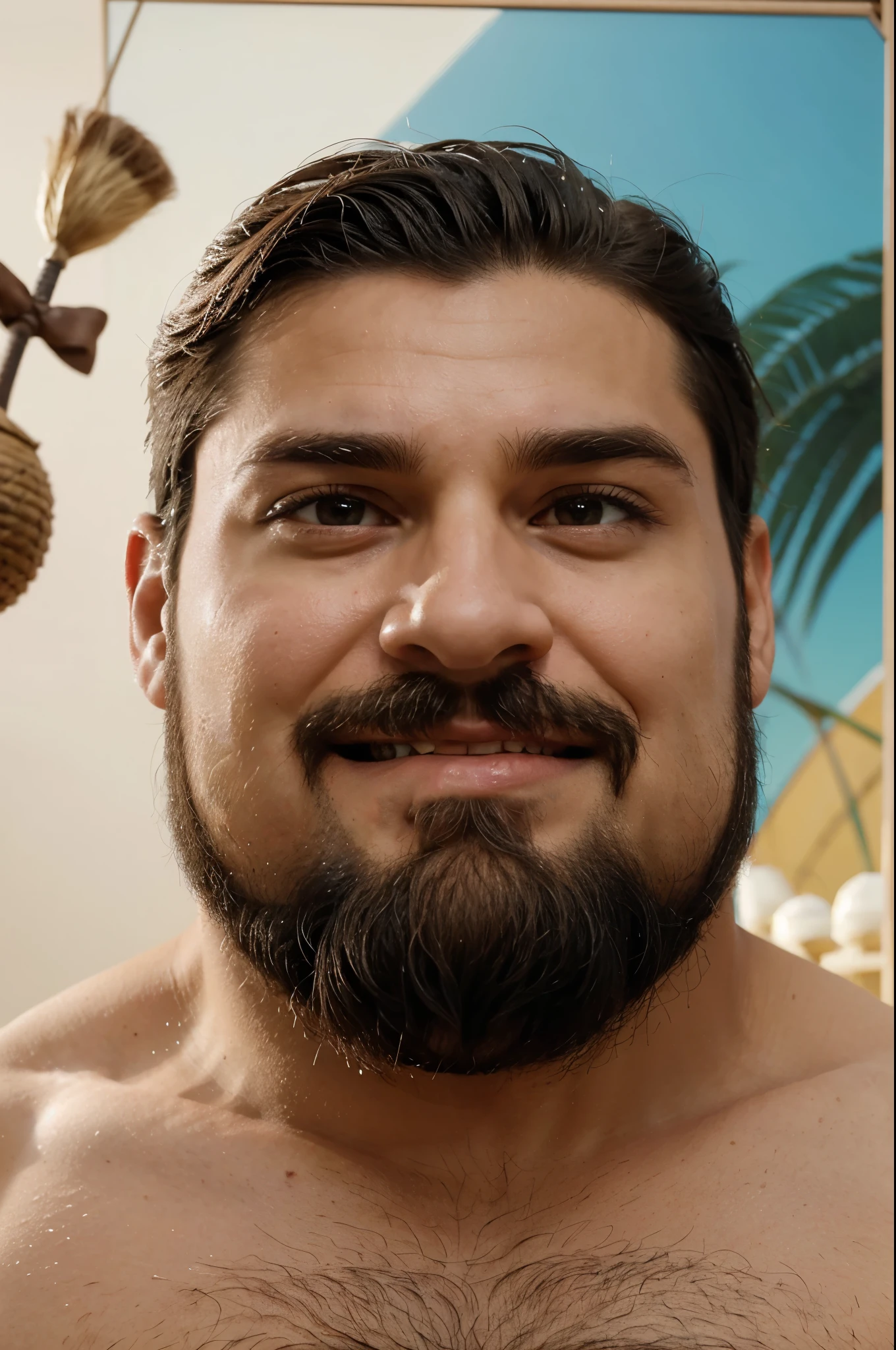 Desenho estilo cartaz da Disney Pixar-inspired, um homem branco, olhar sedutor, corpo torneado de vinte e cinco anos barba castanha escura bem desenhada, cabelo har cut castanho escuro. Titulo do cartaz Cadu o incrivel.