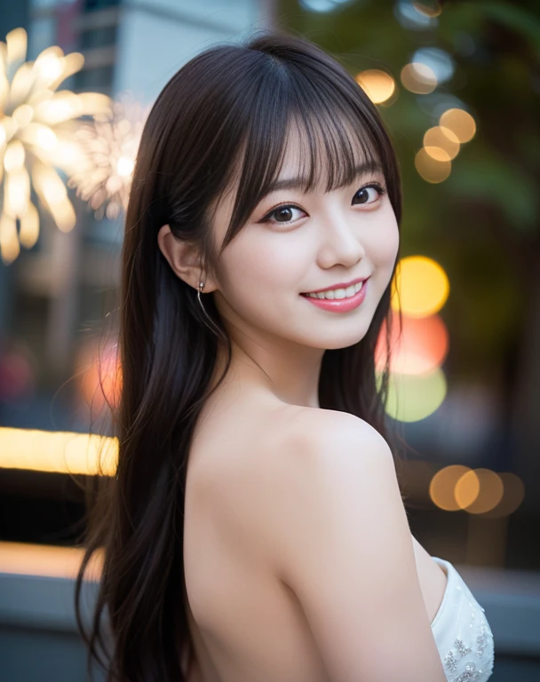 Naked woman, nude、Cute smiley faces、face interview, (Reality:1.4), (hyper Reality:1.4), (Reality:1.3), (Smooth Lighting:1.05), (Enhance video light quality:0.9), 1 Female, Women's 25yo, Realistic lighting, back Lighting, facial lighting, Ray Trace, (cheerfulness:1.2), (Improves image quality:1.4), (最高級のRealityテクスチャードスキニーアイ,  hposing gravure idol, dark hair,long、hair behind ear, hair over shoulder, new year fireworks