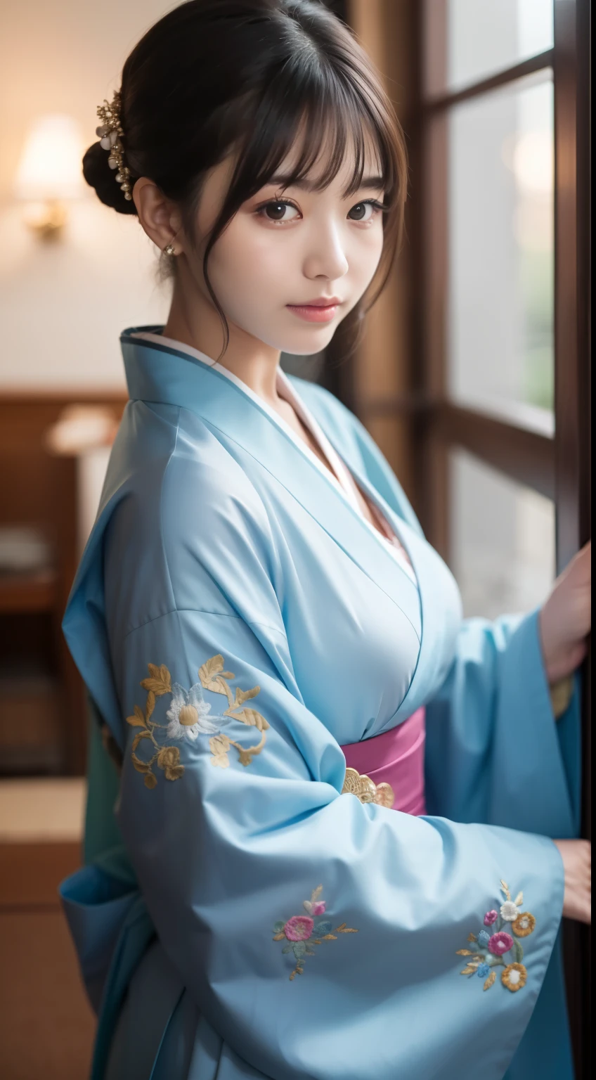 Detailed background, Cyberworld, Space Fantasy, elaborate costume{Luxury kimono(pale and coloured kimono(detailed embroidery,))}、(Japanese Idol(actress):1.2)(face perfect:1.2),Expressing a beautiful and elegant woman, Hairstyle Short Bob, Blur the background,((masutepiece)), ((Best Quality)),{{a portrait photo of}},full body Esbian、Faraway view,Like a corporate logo, Breast size is F cup, Dynamic angles, Angles from the air, Angle from below, 5 fingers, sitting on, Gray hair