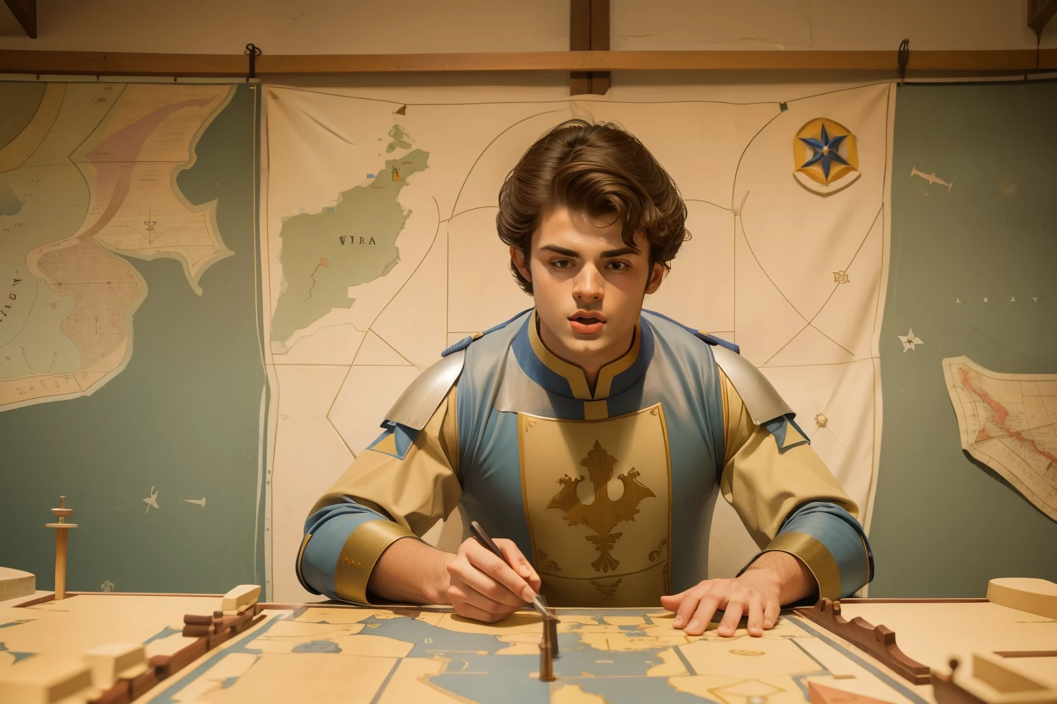 1145, Cherbourg, France. Otherworldly scene in a medieval monastery cloister, ((((22-year-old)) Matthew Daddario)), knight, panning a war, (((strategy map))), plan, ((expression of excitement)), ((((plain tunic from the 12th century)))), ((Hairstyle of the 12th century)), ((Wes Anderson cinematic style)), colorful