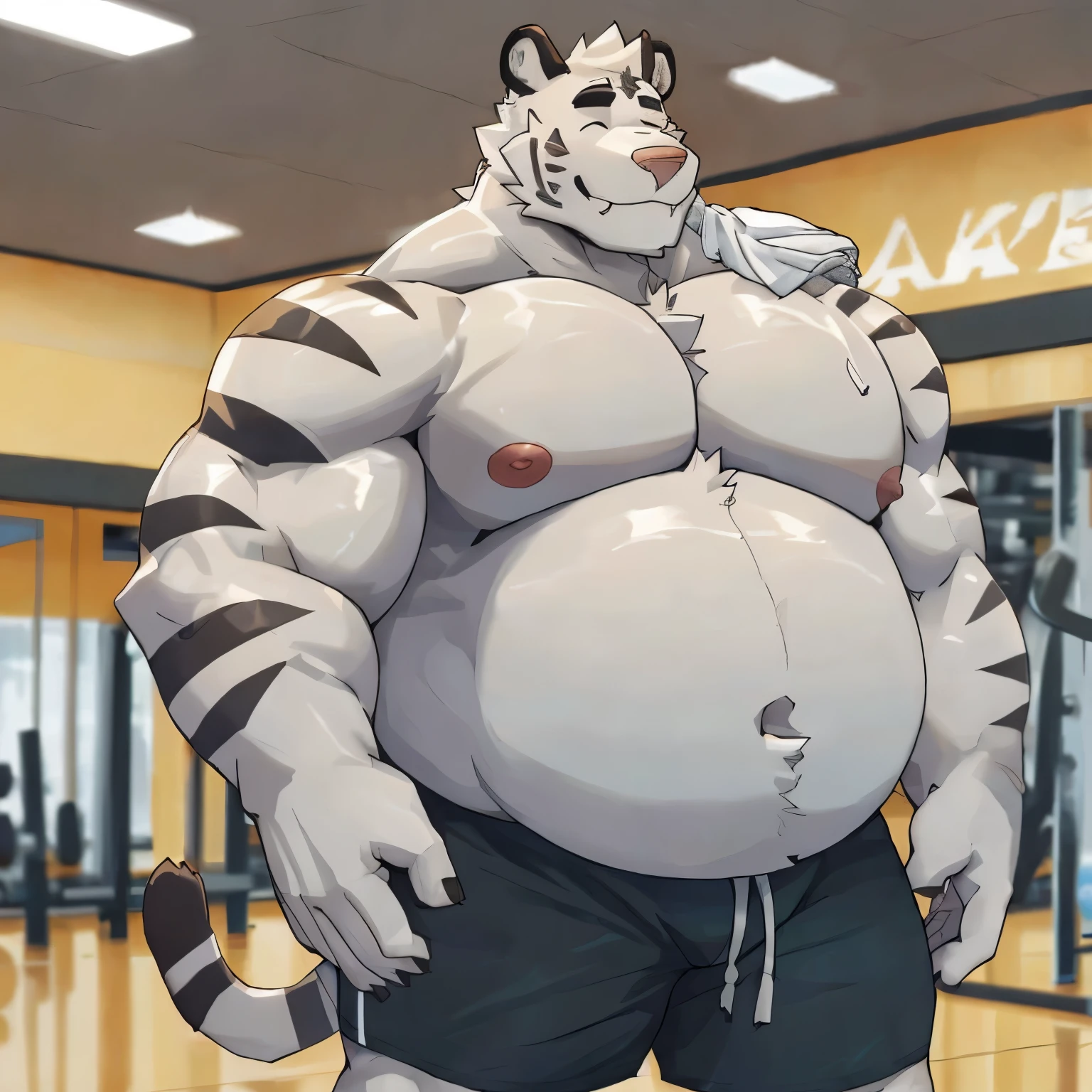 axel cosmas , solo, towel on shoulder, black shorts, plump, huge, gym background, nipples, big fat belly, big ass, eyes shut, standing, 5 fingers, musclegut body, lineart, normal eyes, wet body, macro body, massive body, huge pecs, very wide