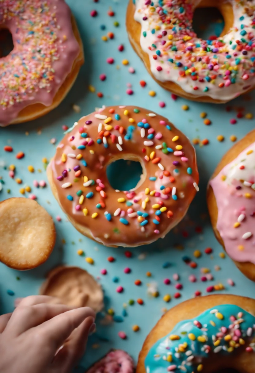 A close-up shot of a donut being decorated with colorful sprinkles, with the sprinkles scattered across the glaze and adding a playful and visually delightful touch
