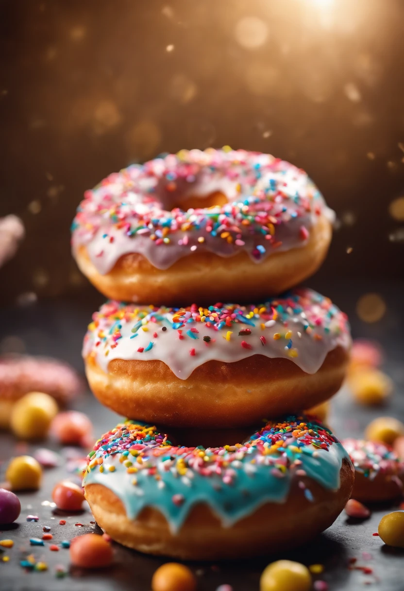 A close-up shot of a donut being decorated with colorful sprinkles, with the sprinkles scattered across the glaze and adding a playful and visually delightful touch