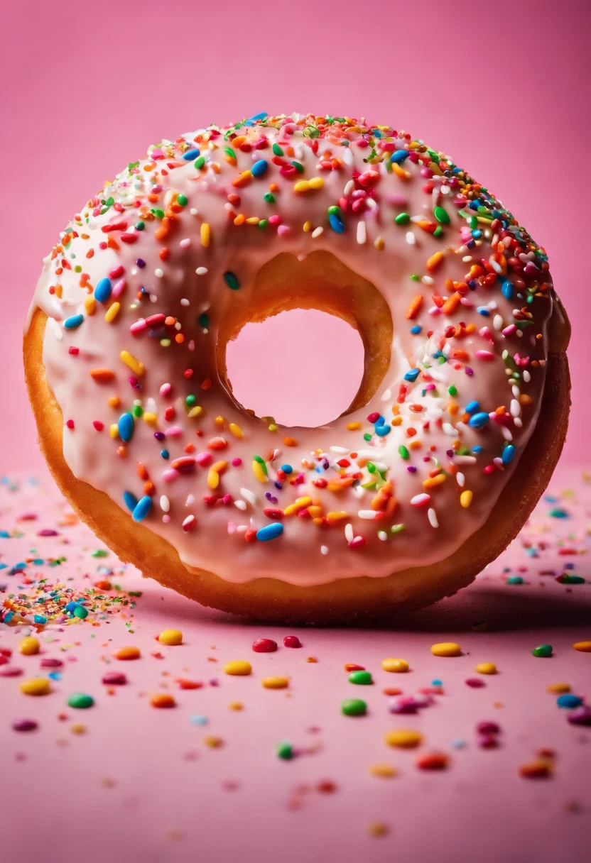 A close-up shot of a donut being decorated with colorful sprinkles, with the sprinkles scattered across the glaze and adding a playful and visually delightful touch