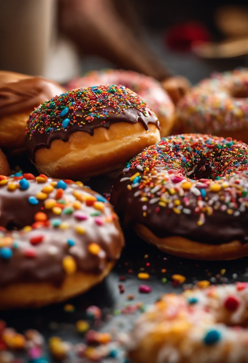 A close-up shot of a donut being decorated with colorful sprinkles, with the sprinkles scattered across the glaze and adding a playful and visually delightful touch