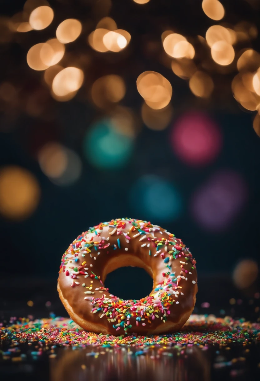 A close-up shot of a donut being decorated with colorful sprinkles, with the sprinkles scattered across the glaze and adding a playful and visually delightful touch