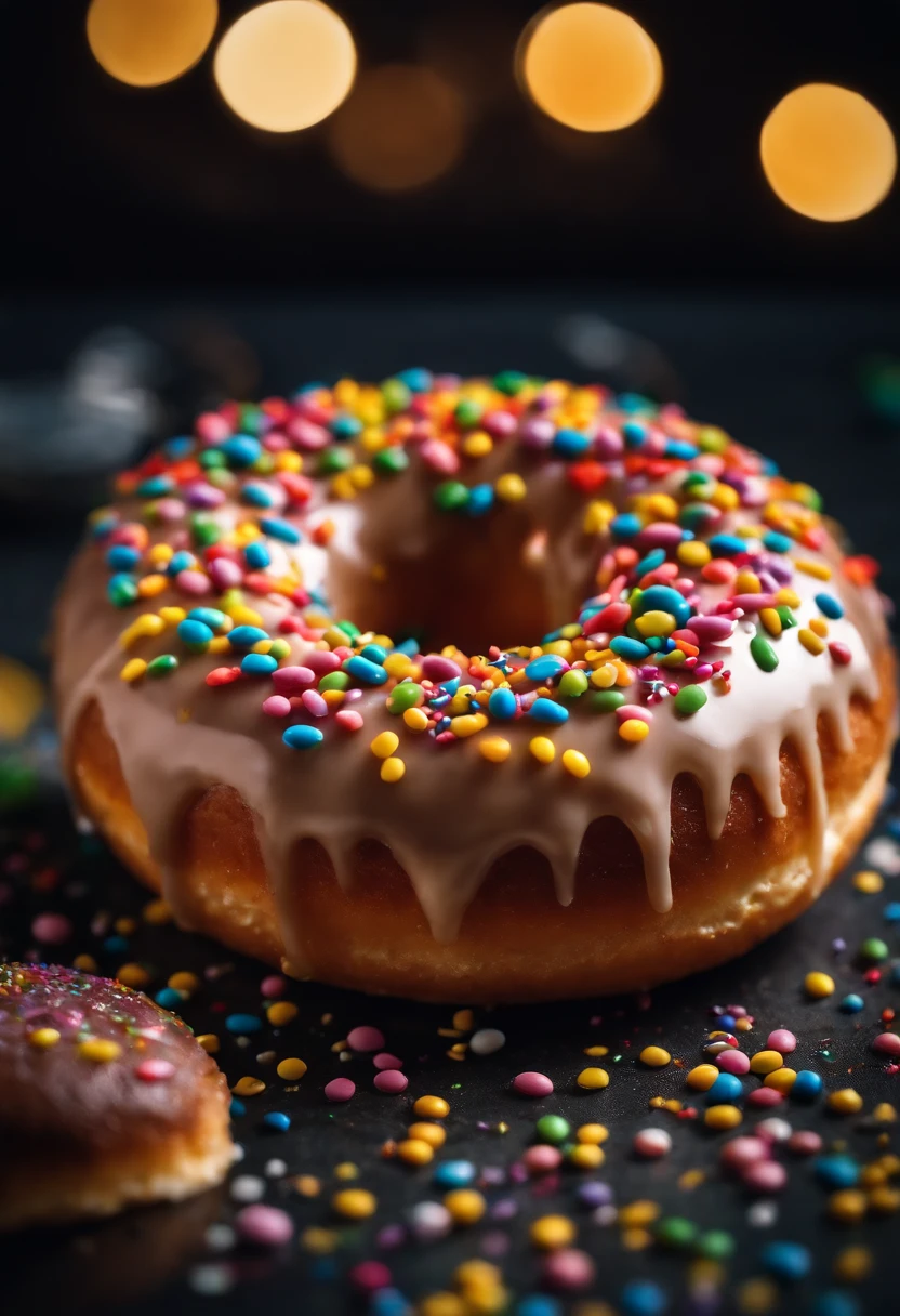 A close-up shot of a donut being decorated with colorful sprinkles, with the sprinkles scattered across the glaze and adding a playful and visually delightful touch