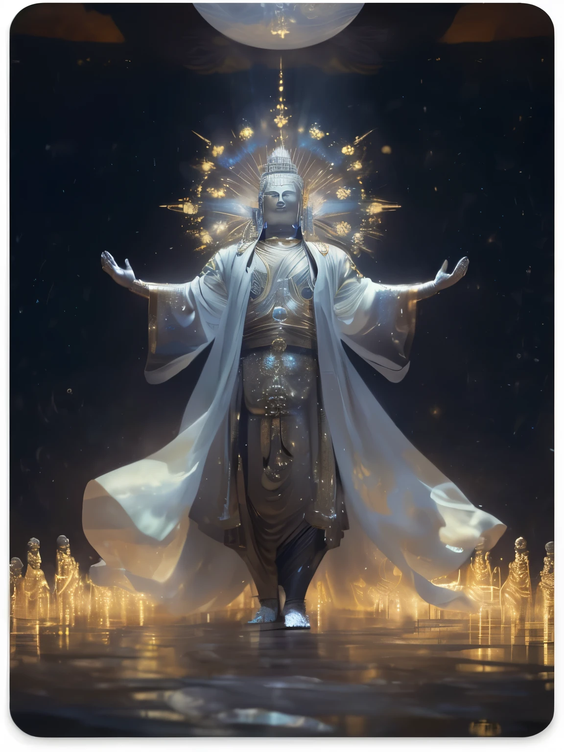 (a Buddha dressed in golden robes, radiating golden light, standing in front of a phalanx, elegant fantasy art, Ryan Shining concept artist, Thomas Allen Coppola and CG Society, ornamental shamanic art, CG Society contest winner, CG Society 9, award-winning concept artist, CG Society and Fenghua Zhong, stunning CG Society art, divine concept art)