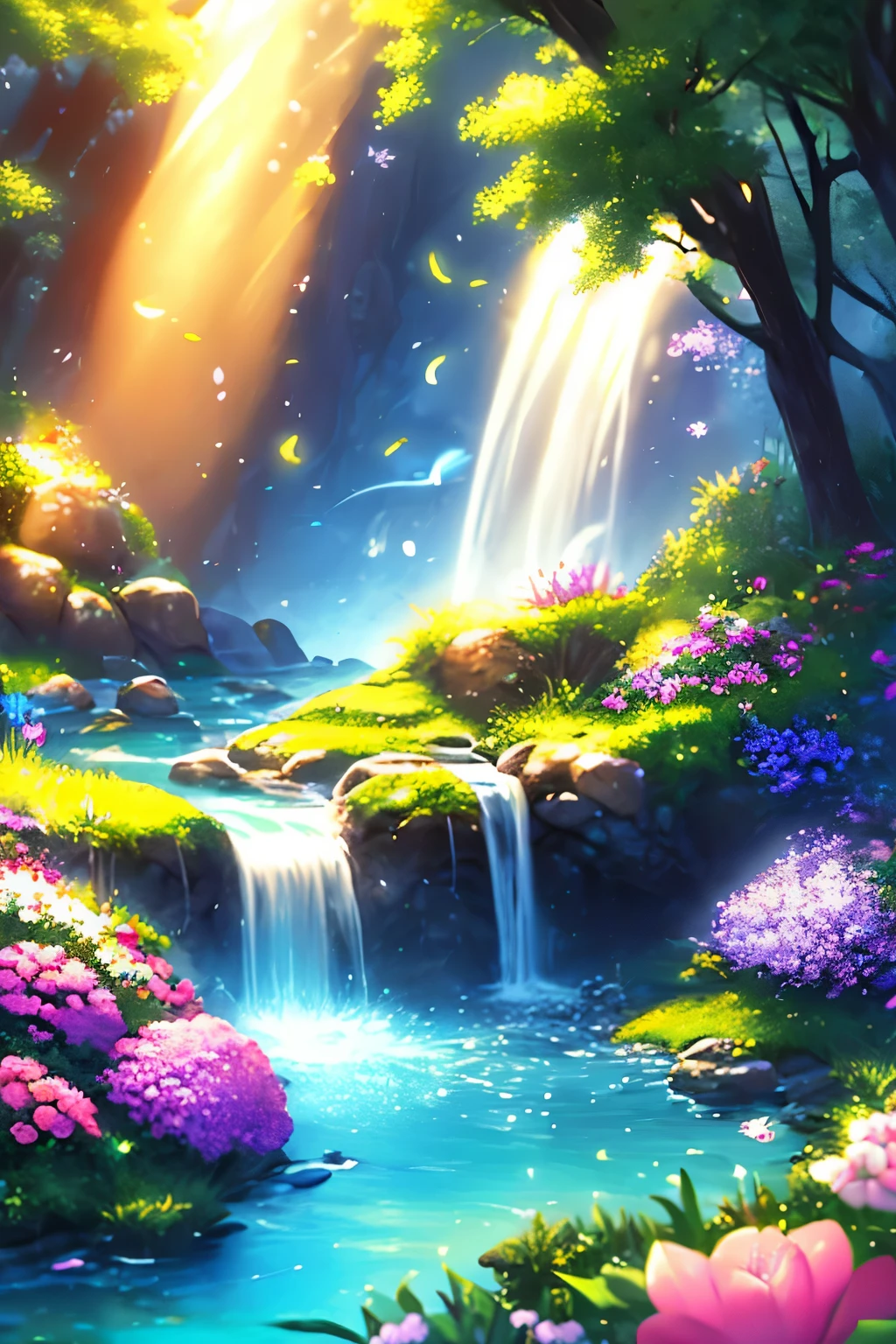(best quality,4k,8k,highres,masterpiece:1.2),ultra-detailed,(realistic,photorealistic,photo-realistic:1.37), sparkling water, vibrant colors, dreamy atmosphere, lush greenery, picturesque scenery, sunlight filtering through the trees, tranquil and peaceful ambiance, enchanting beauty, gentle breeze, mesmerizing reflections, blooming flowers, butterflies dancing in the air, birds chirping happily, a girl with flowing hair enjoying the serenity, surreal and magical surroundings, radiant sunlight casting a warm glow, soft rays of light creating a magical aura, misty mountains in the distance, sparkling stream winding gracefully, vibrant flowers dotting the landscape, a bridge arching across the water, dreamlike clouds floating in the sky, a sense of harmony and tranquility, an escape to a fantastical world.