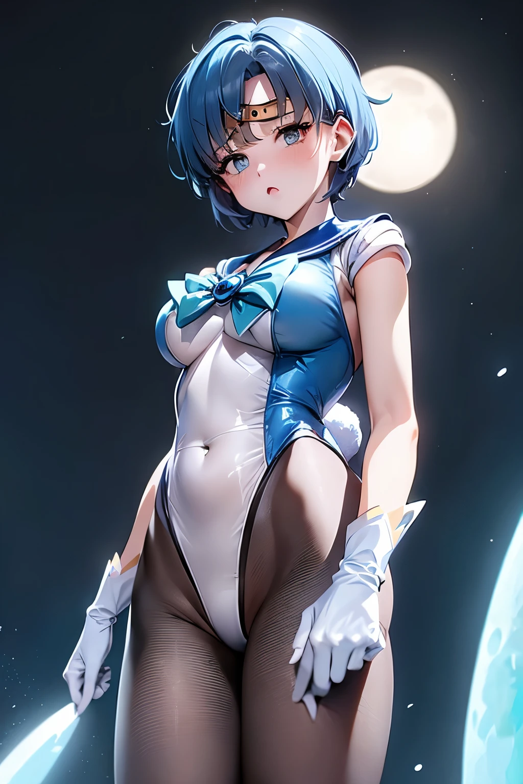 masutepiece, Best Quality, 1girl in, (Sailor Mercury),lightblue hair, (black eyes:1.2),((bunnygirl))、((leotard))、((embarassed expression))、((fullmoon))、((Photo from below))、((pantyhose))、((Short Hair Hair))、((White Long Gloves))、