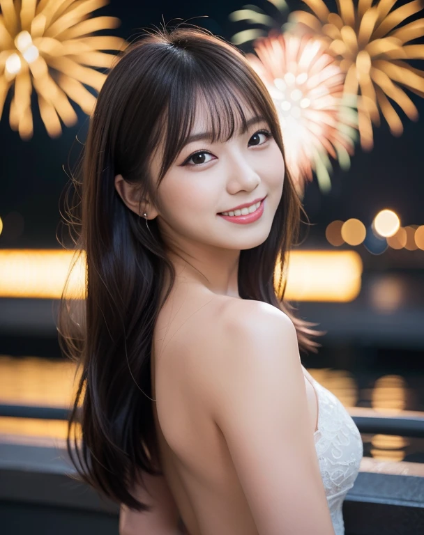 Naked woman, nude、Cute smiley faces、face interview, (Reality:1.4), (hyper Reality:1.4), (Reality:1.3), (Smooth Lighting:1.05), (Enhance video light quality:0.9), 1 Female, Women's 25yo, Realistic lighting, back Lighting, facial lighting, Ray Trace, (cheerfulness:1.2), (Improves image quality:1.4), (最高級のRealityテクスチャードスキニーアイ,  hposing gravure idol, dark hair,long、hair behind ear, hair over shoulder, new year fireworks