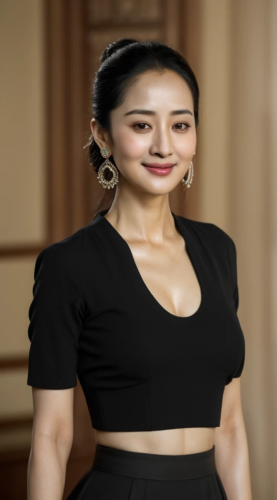 arafed woman with a black top and earrings smiling at the camera, this person does not exist, prominent cheekbones, with very thin lips, soft eyes and narrow chin, extremely beautiful face, dilraba dilmurat-li bingbing-zhang ziyi-winona ryder-celina jade-emma heming-audrey hepburn-cho yi hyun-cote de pablo-gong li-dilshad vadsaria-ji woon kim-claudia kim-natalie martinez merged, entire body visible, full body, hyperrealistic, best quality, 8K, real human skin, masterpiece, extremely intricate, medium closeup, detailed eyes, detailed face, detailed body, exaggerated features, pronounced features