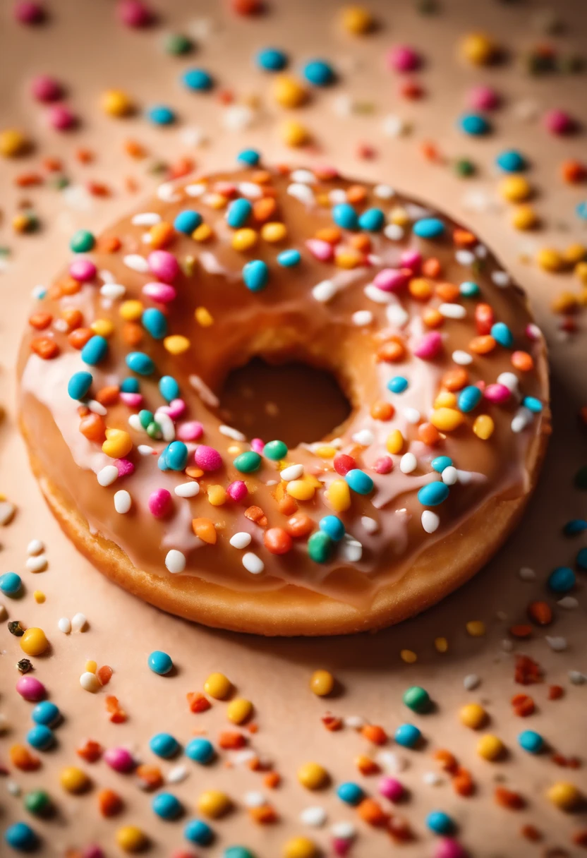A close-up shot of a donut being decorated with colorful sprinkles, with the sprinkles scattered across the glaze and adding a playful and visually delightful touch