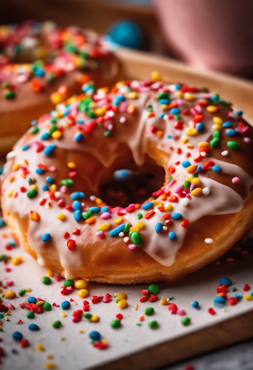 A close-up shot of a donut being decorated with colorful sprinkles, with the sprinkles scattered across the glaze and adding a playful and visually delightful touch