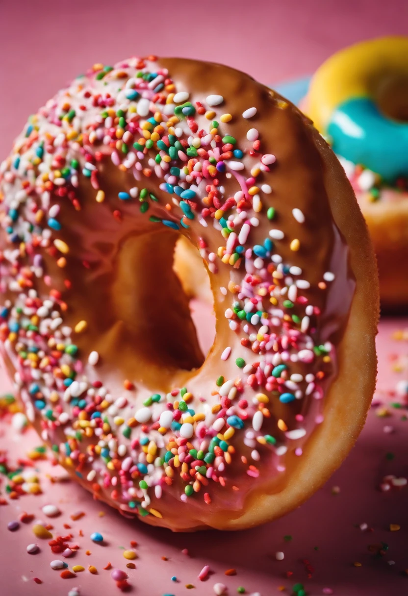 A close-up shot of a donut being decorated with colorful sprinkles, with the sprinkles scattered across the glaze and adding a playful and visually delightful touch