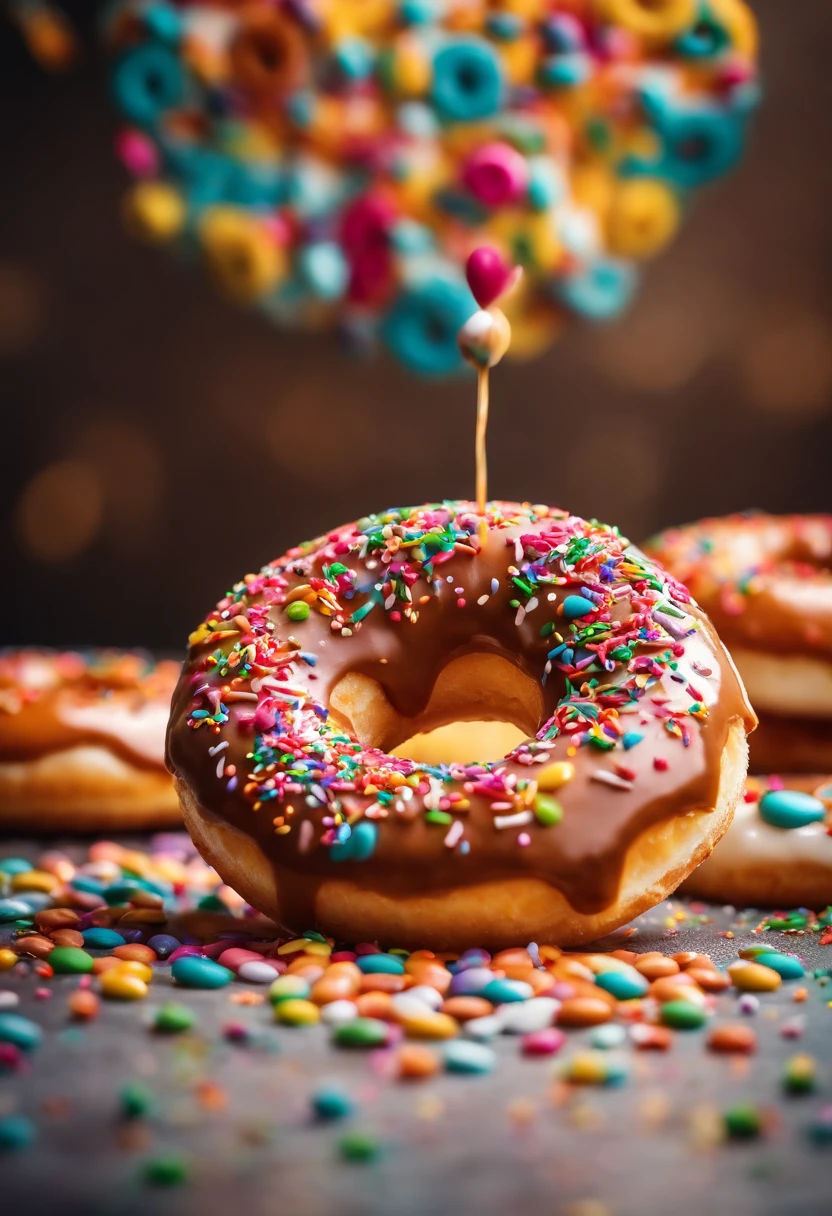 A close-up shot of a donut being decorated with colorful sprinkles, with the sprinkles scattered across the glaze and adding a playful and visually delightful touch