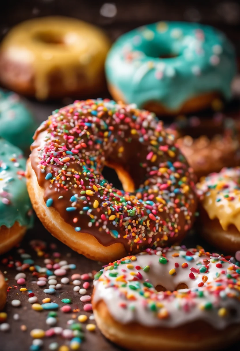 A close-up shot of a donut being decorated with colorful sprinkles, with the sprinkles scattered across the glaze and adding a playful and visually delightful touch