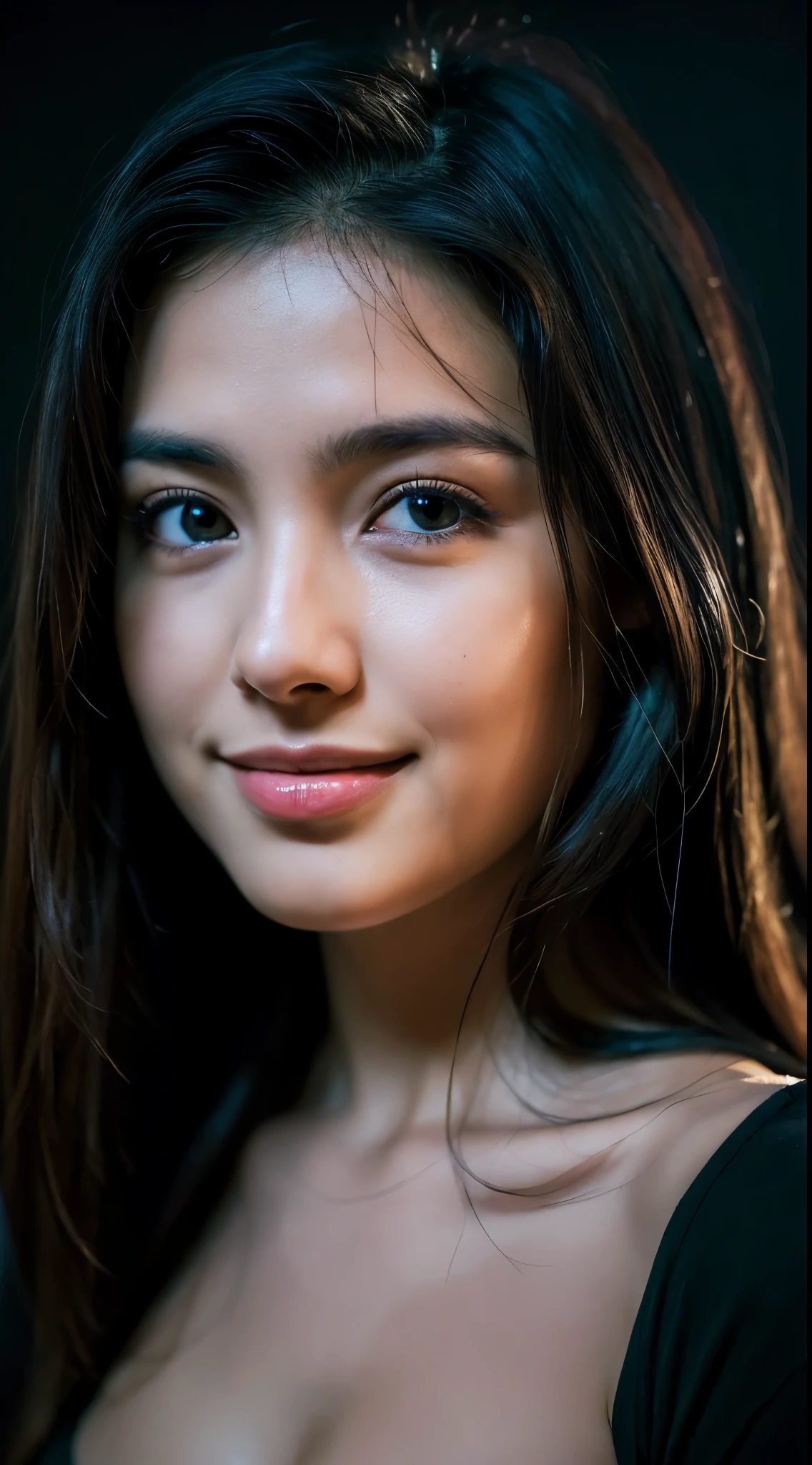 highest quality, epic realistic, ((in the pitch black darkness :1.4)), ((portrait:1.5)),(background: dark ) high contrast ,glorious picture, lowest lux, lighting face, she's comfortable, wearing nothing, looks incredible, (8k, Raw photo, Highest quality),(epic realistic:1.5), a woman, face,(detailed eyes:0.8),(looking at the camera:1.4), (Highest quality), ( high contrast, deep shadows),Intricate details,cinematic,((skin:1.4)), (long dark hair:1.3), long hair, messy ,(Hdr:1.5),Detailed, colors, Superior quality, Masterpiece, Raw Photo (20-year-old, looking at viewer), beautiful, (wearing plain yellow shirt,), perfect, natural, perfect composition, portrait, perfect face, smiling expression, Captivating eyes, Bright details, Tight lips, (High Skin Detail),, (blue tint: 0.6), (sale: 0.8), (bloody: 0.7), Key lighting , (backlight: 0.5), Medium depth of field, Canon 5d, 50mm lens, f/4 apertures, (Ultra-detailed, Complex detail), sharp focus, soft colors, 8k, Absurd, 80mm, dark background, photography, smiling,medium boobs,