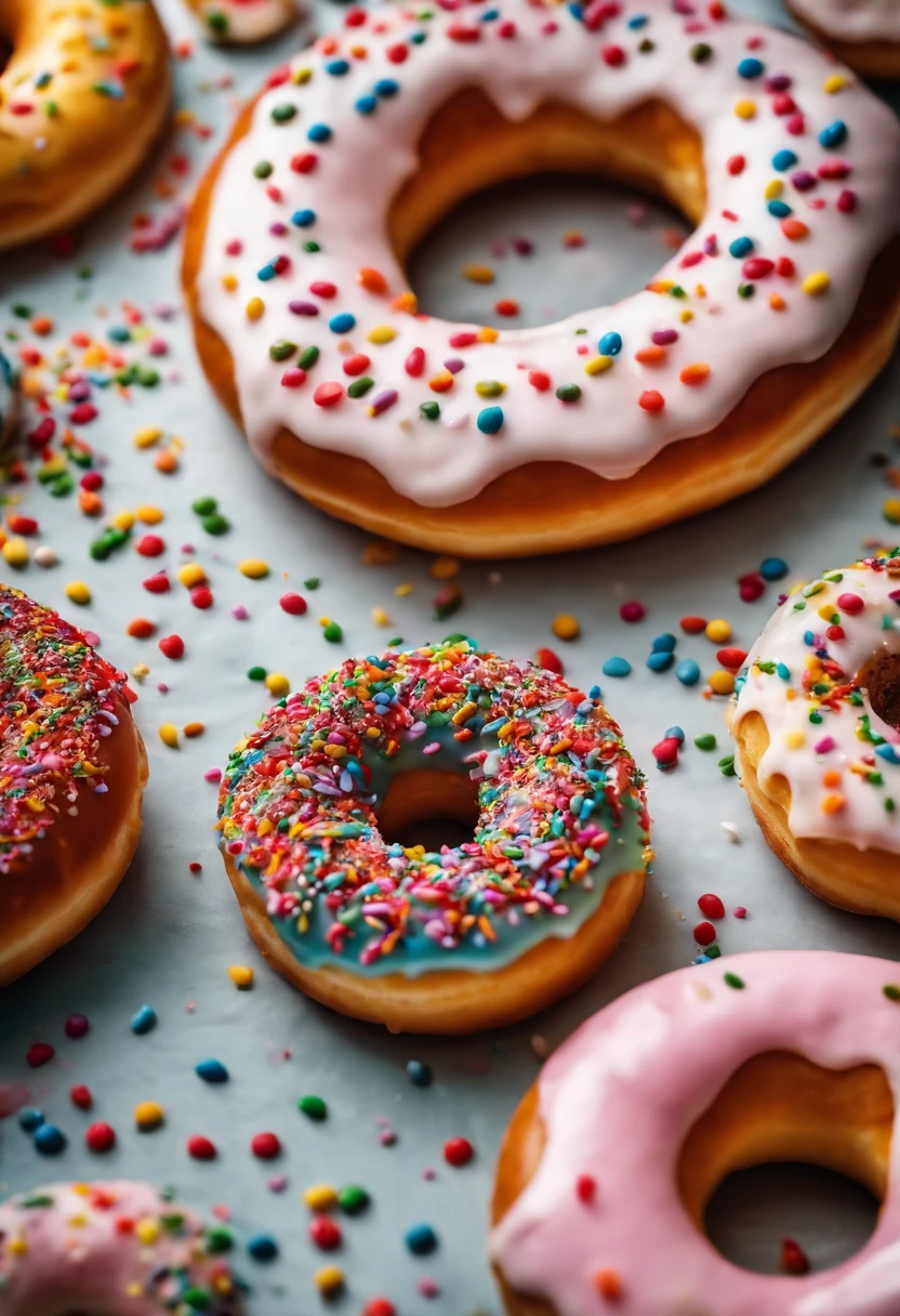 A close-up shot of a donut being decorated with colorful sprinkles, with the sprinkles scattered across the glaze and adding a playful and visually delightful touch