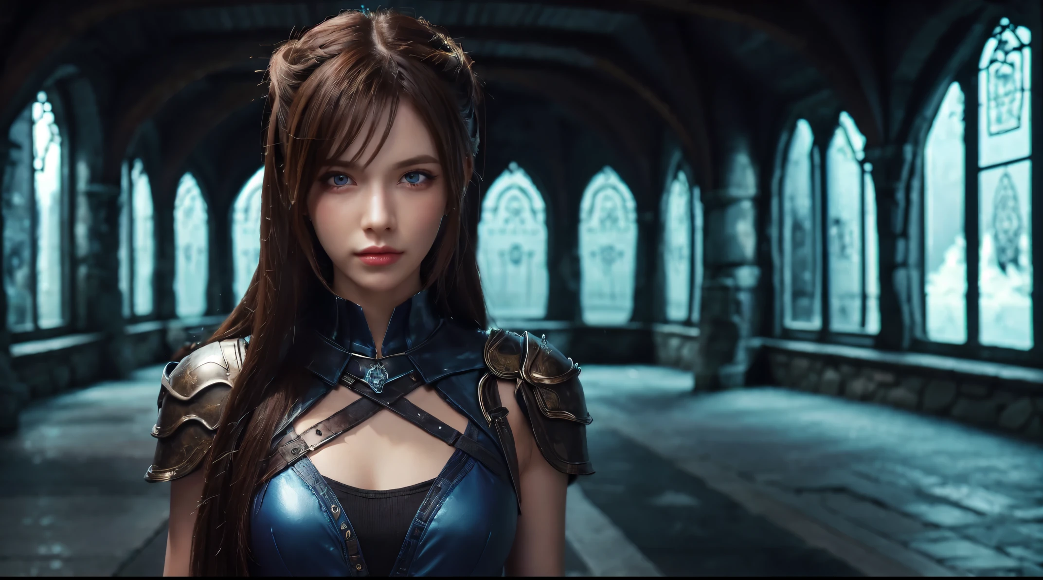 A beautiful gothic girl with well-styled anime clothes straight hair beautiful perfect body transparent skin color beautiful blue eyes like the sea people admire her most beautiful in the castle kingdom especially she is a powerful warrior chosen by God. She fights a beautiful evil goth girl to destroy the castle.