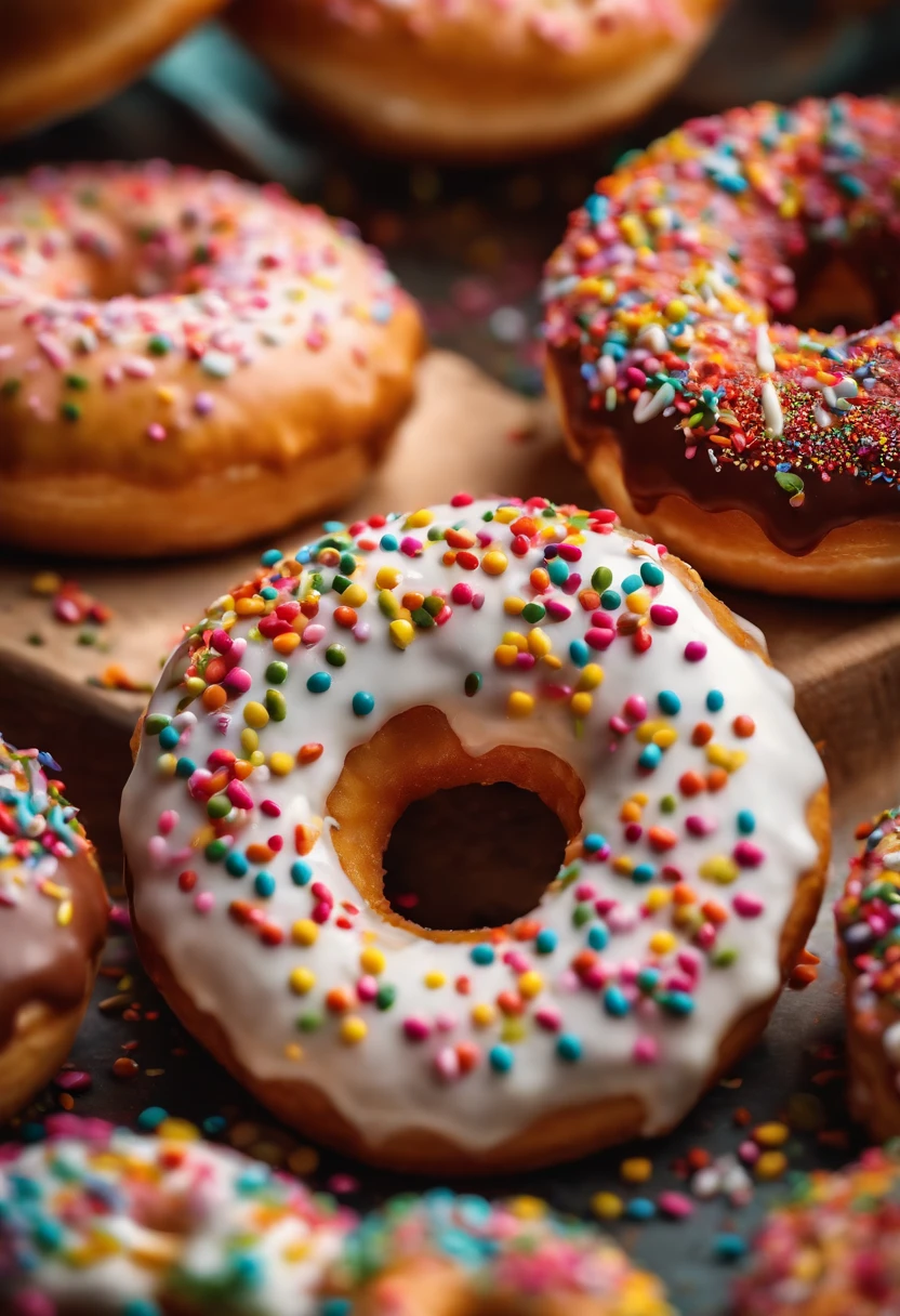 A close-up shot of a donut being decorated with colorful sprinkles, with the sprinkles scattered across the glaze and adding a playful and visually delightful touch