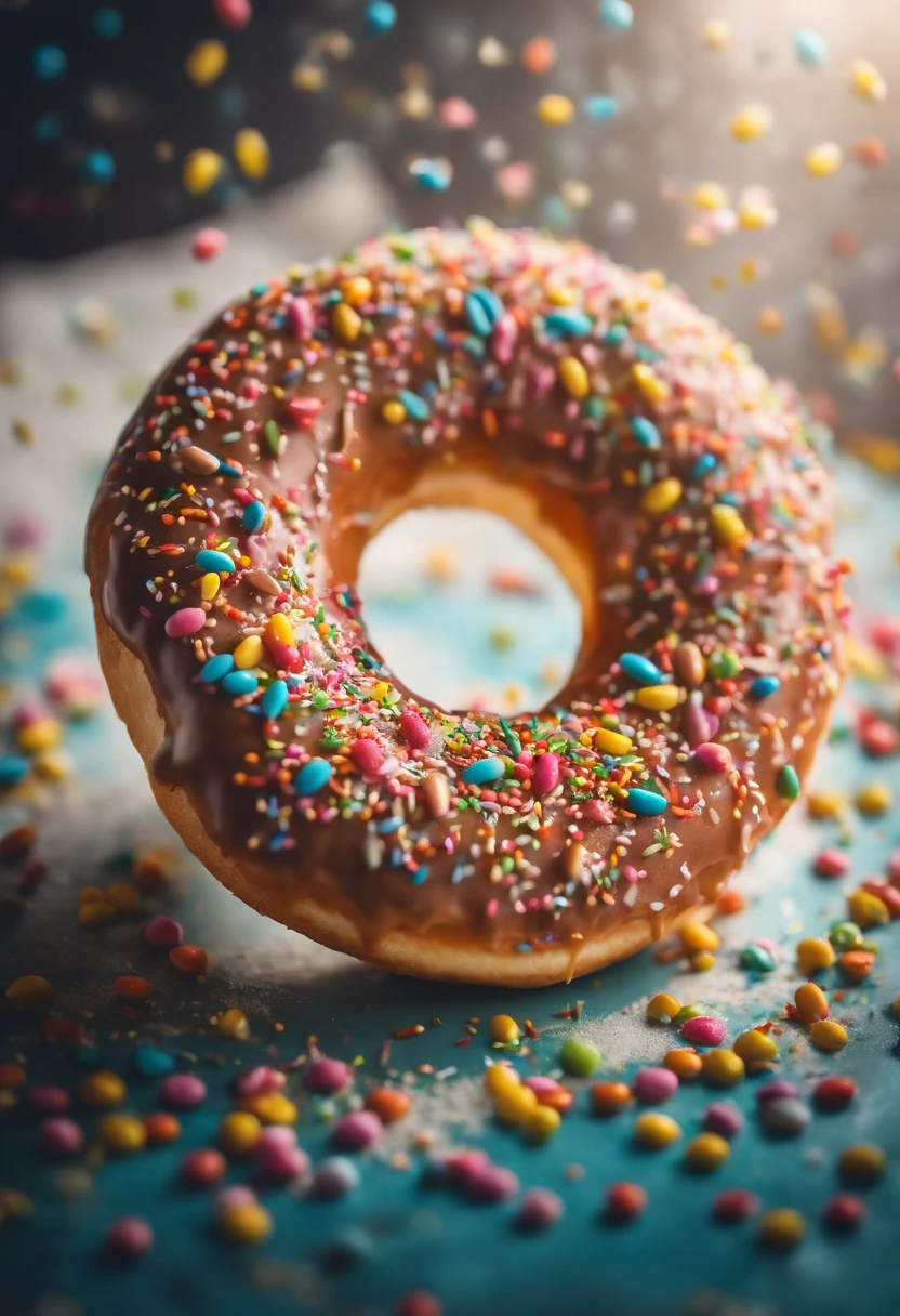 A close-up shot of a donut being decorated with colorful sprinkles, with the sprinkles scattered across the glaze and adding a playful and visually delightful touch