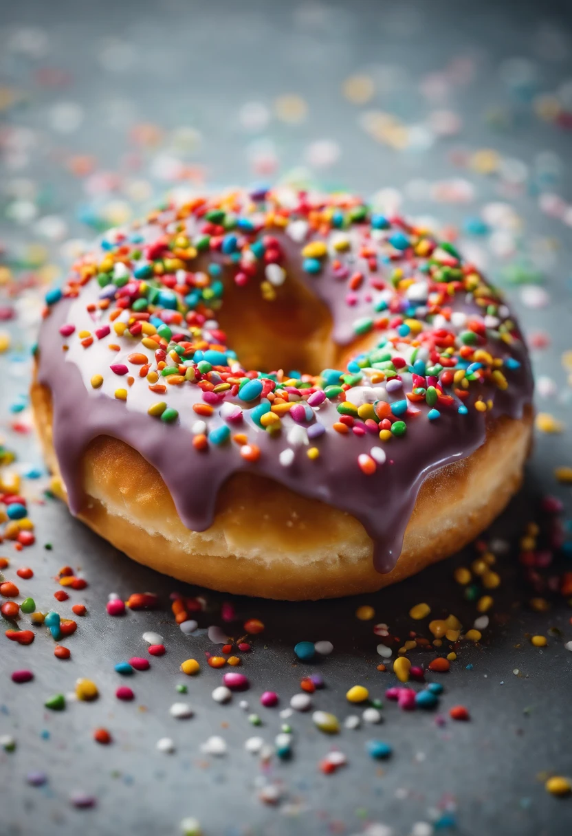 A close-up shot of a donut being decorated with colorful sprinkles, with the sprinkles scattered across the glaze and adding a playful and visually delightful touch
