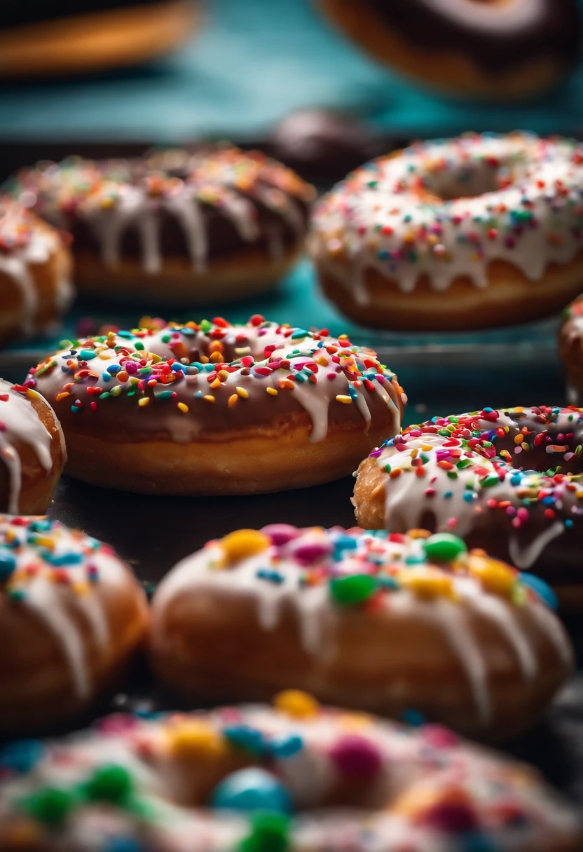 A close-up shot of a donut being decorated with colorful sprinkles, with the sprinkles scattered across the glaze and adding a playful and visually delightful touch