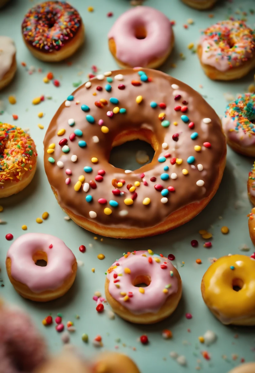 A close-up shot of a donut being decorated with colorful sprinkles, with the sprinkles scattered across the glaze and adding a playful and visually delightful touch