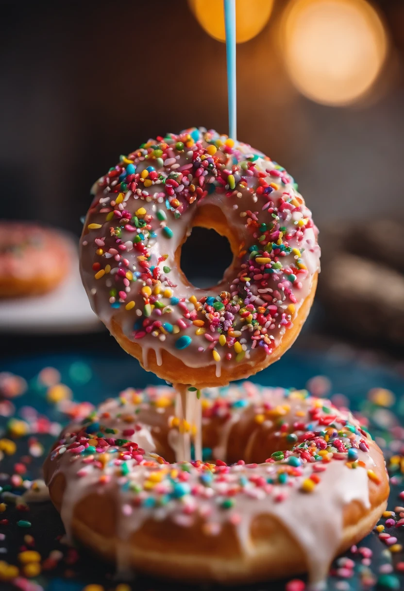 A close-up shot of a donut being decorated with colorful sprinkles, with the sprinkles scattered across the glaze and adding a playful and visually delightful touch