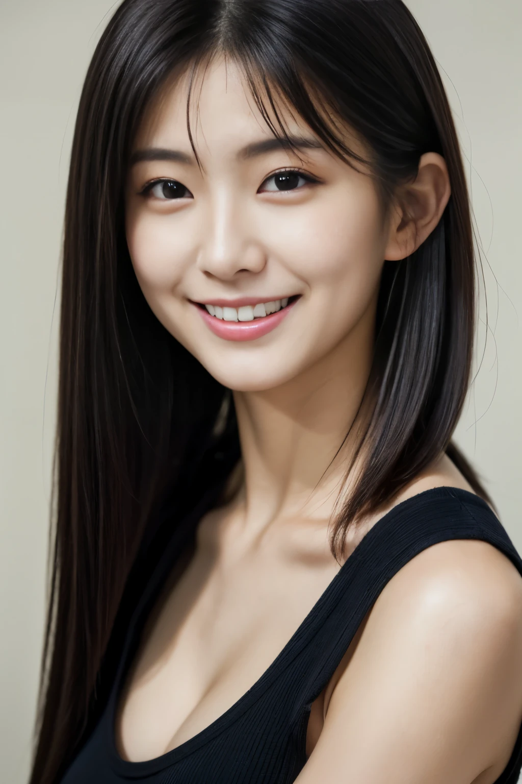 Close up of woman posing for photo, Japanese Models, Beautiful Asian Girl, 20-year-old female model, 4K、bangss、A dark-haired、bobhair、Middle hair、(Tank Tops、Onepiece:1.2), (Super cute face in idol style:1.2)、slim and beautiful figure、Beautiful breasts、A smile、