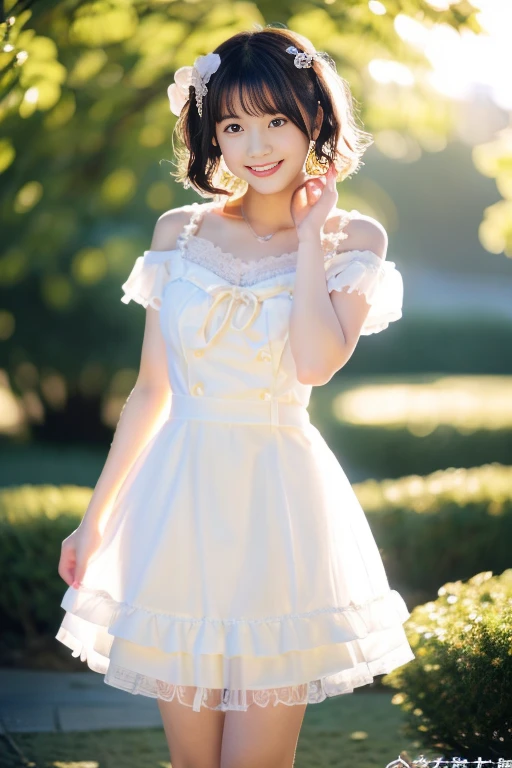(((masterpiece))), (((Full body photo))), (One beautiful Japan girl, Innocence,kawaii) ,超A high resolution, Realistic, ultra-detailliert, 8K,top-quality, Extremely detailed, Detailed background,A slender,very beautiful japanese girl, (Detailed face:1.3), (Bery short hair,Cute Hair Ornament,A dark-haired :1.4), (a baby face,kawaii系,adorable 14 year old girl), (Perfect body:1.1), (Cute dress with white frills,white fluffy skirt), Gentle smile,Please show me your beautiful teeth,((Focus on the crotch)),sexy pose,rosy cheeks,Super Detailed Face、Detailed lips、A detailed eye、small gravure idol,Transparent skin、Lori,Photorealistic:1.37,no-makeup,Neutral Lighting,
