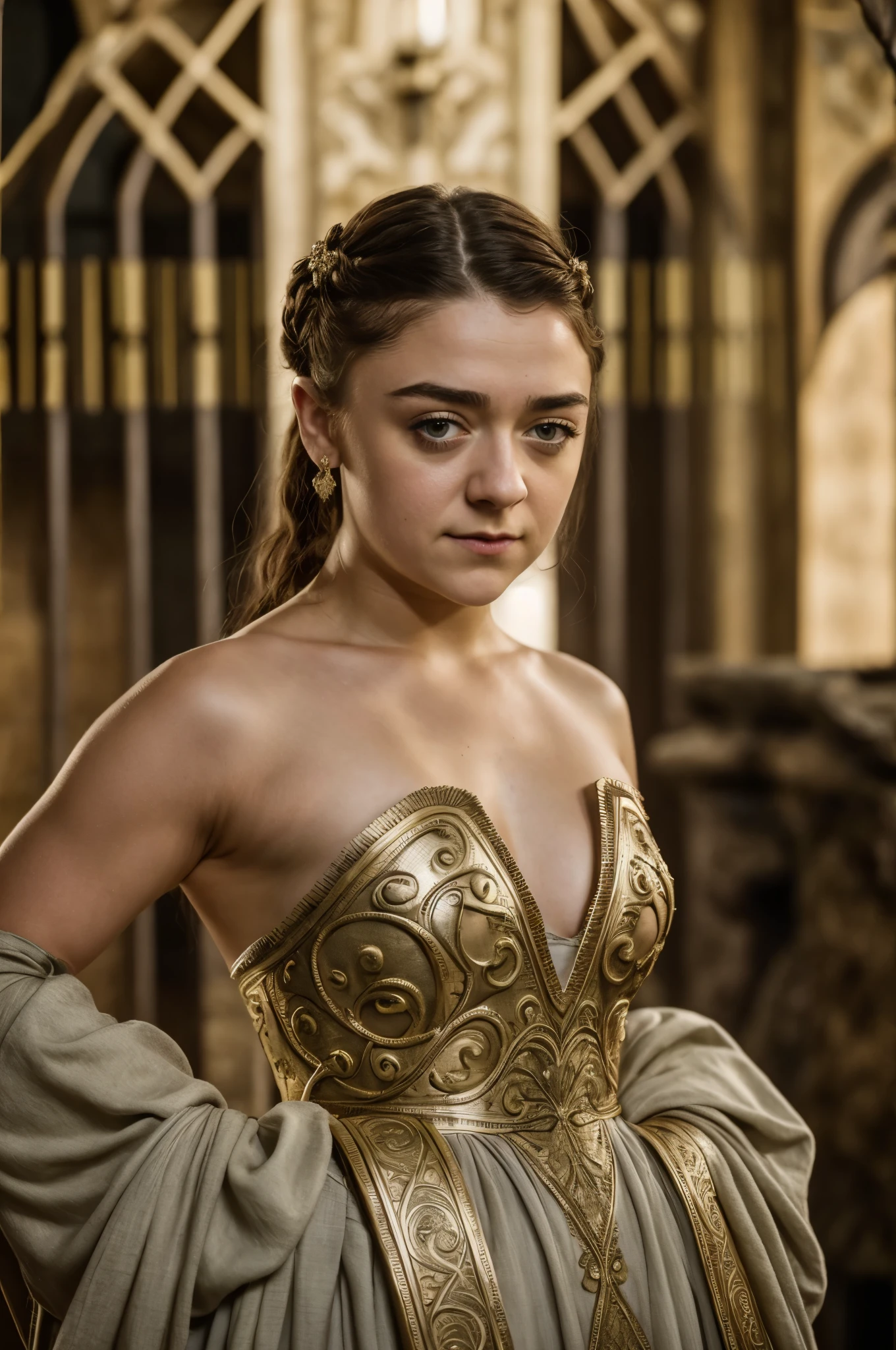 Foto RAW, RAW photograph of Maisie Williams, Arya Stark, mediaeval world cinematic background, Extremely gorgeous lady, Arya Stark PLAYED BY MAISIE WILLIAMS, Queen Arya Stark, she a mature woman now, milf, sexy mediaeval battle dress, gladiator woman, body, 40 years old Woman, body revealing costumes, perky breast, skin pores, big natural breast, erotic costumes, lusty physique, seductive figure can capture every people's attention, Game of thrones costumes, revealing captivating figure, Mediaeval costumes, revealing clothes, A tomboy, she would rather fence than dance, warrior queen , game of thrones screen caps, Game of Thrones Series, (pele altamente detalhada: 1.2), 8k UHD, DSLR, soft-lighting, alta qualidade, grain of film, Fujifilm XT3, flawless picture, highly detailed, detailed Beauty, intricate, 32k, sharp picture,