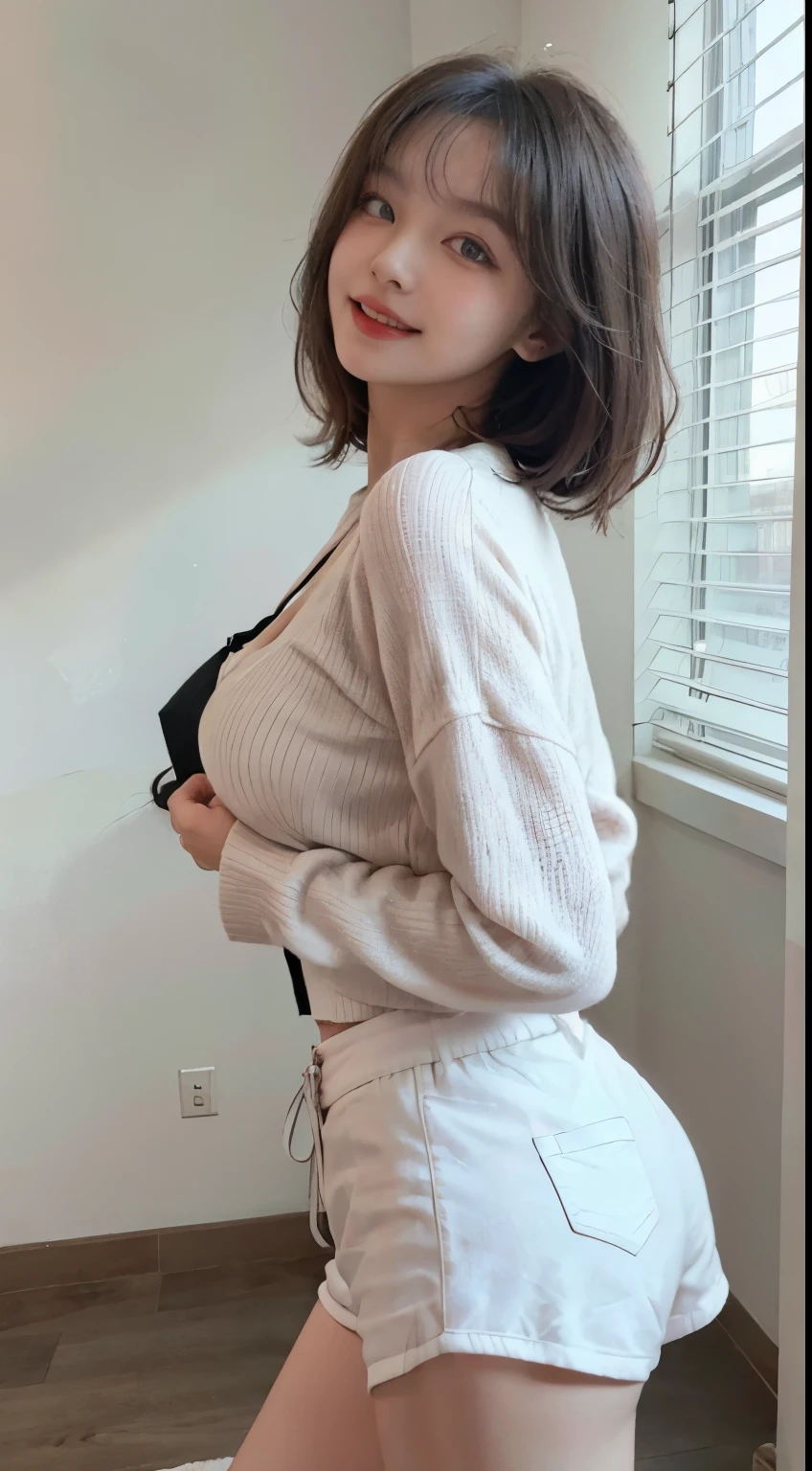 Top image quality、Raw photography、超A high resolution、21-year-old Korean、small tits、Dynamic angles、Cowboy Shots、The most beautiful forms chaos、elegent、Brutalist design、Vibrant colors、beautiful white hair、a short bob、laugh、smil、shiny white skin、Beautiful eyes with random colors、beautiful eyes finely detailed、elongated eyes、thin lipss、pale pink blush、long eyeslashes、beautiful double eyelid、eyeshadows、a park、large sweater、hotpants、shot from a side angle、sexy pose