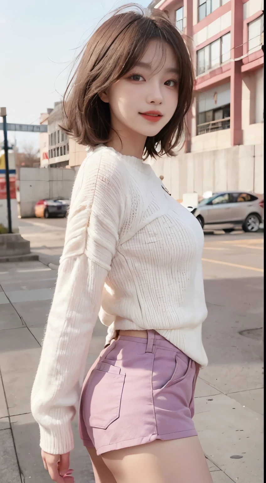 Top image quality、Raw photography、超A high resolution、21-year-old Korean、small tits、Dynamic angles、Cowboy Shots、The most beautiful forms chaos、elegent、Brutalist design、Vibrant colors、beautiful white hair、a short bob、laugh、smil、shiny white skin、Beautiful eyes with random colors、beautiful eyes finely detailed、elongated eyes、thin lipss、pale pink blush、long eyeslashes、beautiful double eyelid、eyeshadows、a park、large sweater、hotpants、shot from a side angle、sexy pose