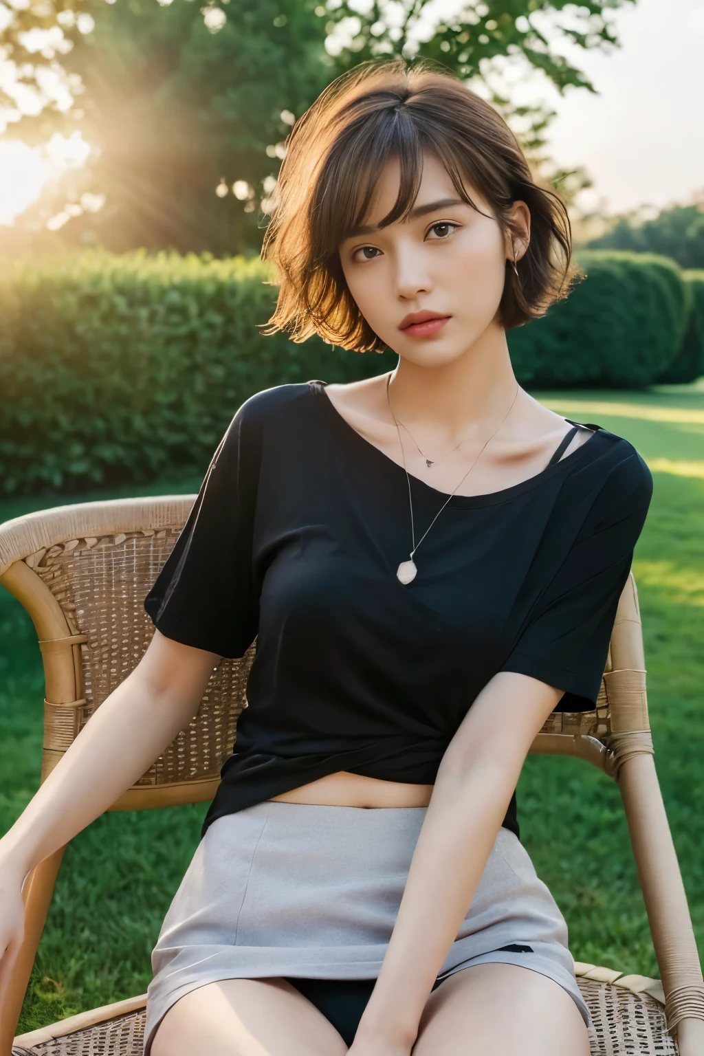 ((top-quality、8K、masterpiece: 1.erfect Body Beauty: 1.4、Slender Abs: 1.2、Beautiful woman with slender abs:1.3、(Highlight Haircutreast B Cup:1.2), medium breast, round shape breast, perfect shape breast, ((black underwear))) ((( skirt and wide neck t-shirt ))),(((sitting on chair, open legs,, panties, bra straps)) necklace, hyperdetailed face、18year old、 Pretty women、(Dark brown short-cut hair), Slim Face、Highly detailed facial and skin texture、very detailed lips、opens legs、top-quality、masterpiece、超A high resolution、(Photorealsitic:1.4), long shot , (in park with blur background), bright background, sunset light,