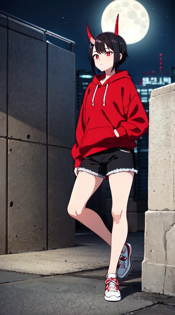 1girl, female, curve horn, red mix black hoodie, black Jean, white shoe, black hair, HD, 8k, high detail, short hair, chilling, on a night city, summer, focus on her, night time, full moon, best quality,