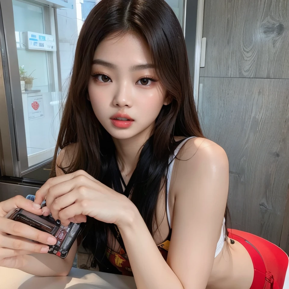 Jennie sentada em uma mesa com um telefone celular, beautiful south Mulher coreana, menina coreana, gorgeous young Mulher coreana, jennie blackpink, beautiful young Mulher coreana, Beautiful Asian girl, Gongbi, 18 anos, gorgeous chinese model, asian features, Mulher coreana, Lalisa Manobal, Heonhwa Choe, Jinyoung Canela, jennie blackpink