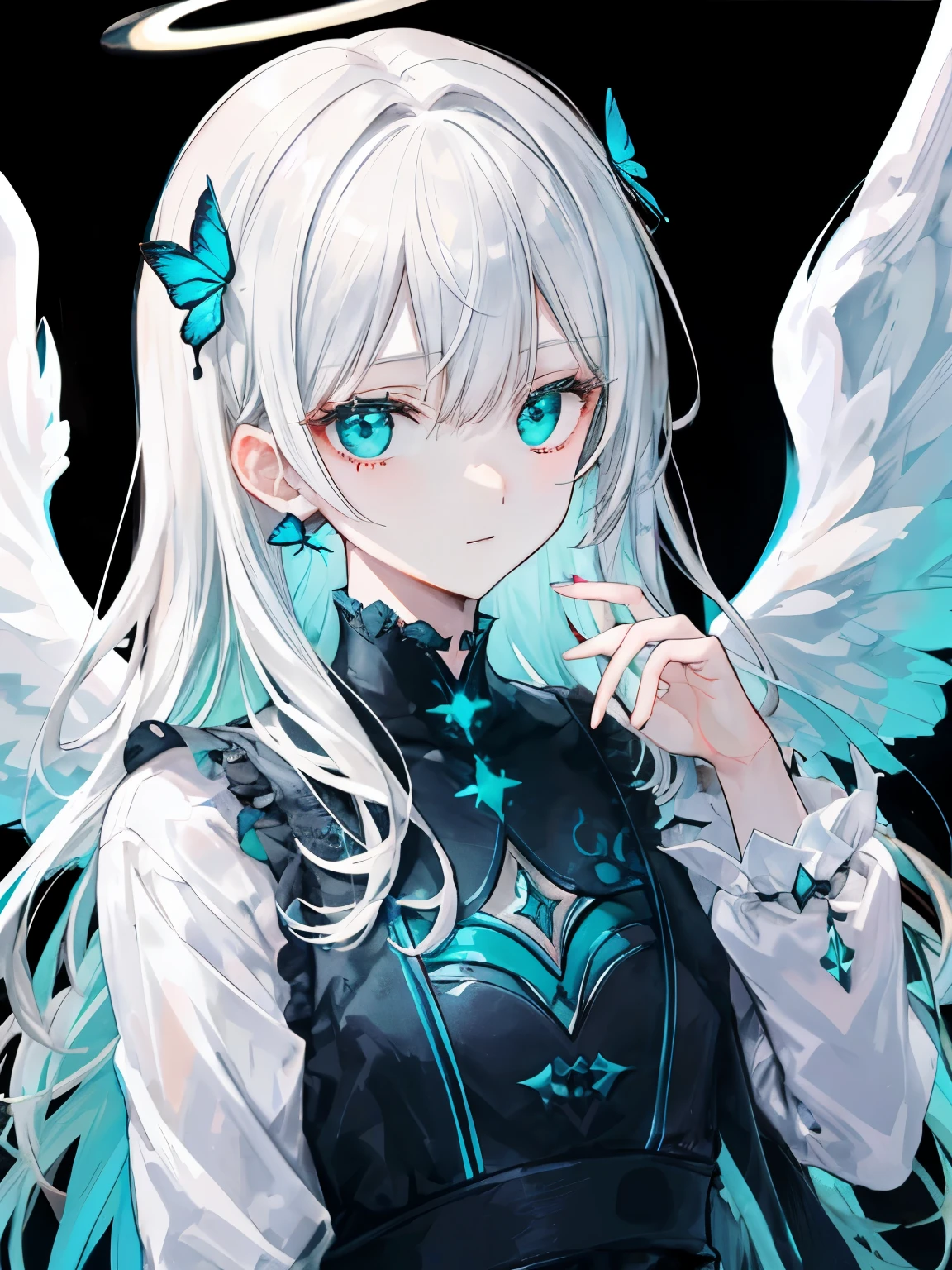 Best Quality、masutepiece、Ultra-detailed、face perfect、Extremely detailed、Extremely delicate、1 boy, (Scary), Angel, blanche髪、Long hair、Gorgeolanche&#39;The halo),(blanche光輪) Dark, Glowing eyes, Light green eyes, Angel wings,  holy, , blancheのチュニック, 2対のblanche angel wings, which are full of confidence,  Keep your mouth shut、Expressive eyes, collofull eyes, Contrasty, shadowy, masutepiece, Digital Art, Glowing eyes, Intimidating, corrupted, Demonic, Abstract background, blanche, black and teal、両手にblancheく輝く星を浮かばせる、fear、A light blue butterfly dances