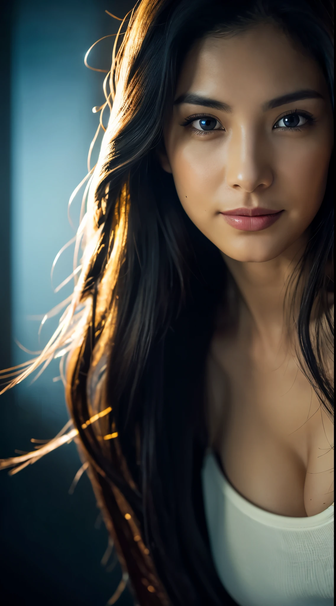highest quality, epic realistic, ((in the pitch black darkness :1.4)), ((portrait:1.5)),(background: dark ) high contrast ,glorious picture, lowest lux, lighting face, she's comfortable, wearing nothing, looks incredible, (8k, Raw photo, Highest quality),(epic realistic:1.5), a woman, face,(detailed eyes:0.8),(looking at the camera:1.4), (Highest quality), ( high contrast, deep shadows),Intricate details,cinematic,((skin:1.4)), (long dark hair:1.3), long hair, messy ,(Hdr:1.5),Detailed, colors, Superior quality, Masterpiece, Raw Photo (20-year-old, looking at viewer), beautiful, (wearing plain yellow shirt,), perfect, natural, perfect composition, portrait, perfect face, smiling expression, Captivating eyes, Bright details, Tight lips, (High Skin Detail),, (blue tint: 0.6), (sale: 0.8), (bloody: 0.7), Key lighting , (backlight: 0.5), Medium depth of field, Canon 5d, 50mm lens, f/4 apertures, (Ultra-detailed, Complex detail), sharp focus, soft colors, 8k, Absurd, 80mm, dark background, photography, smiling,medium boobs,
