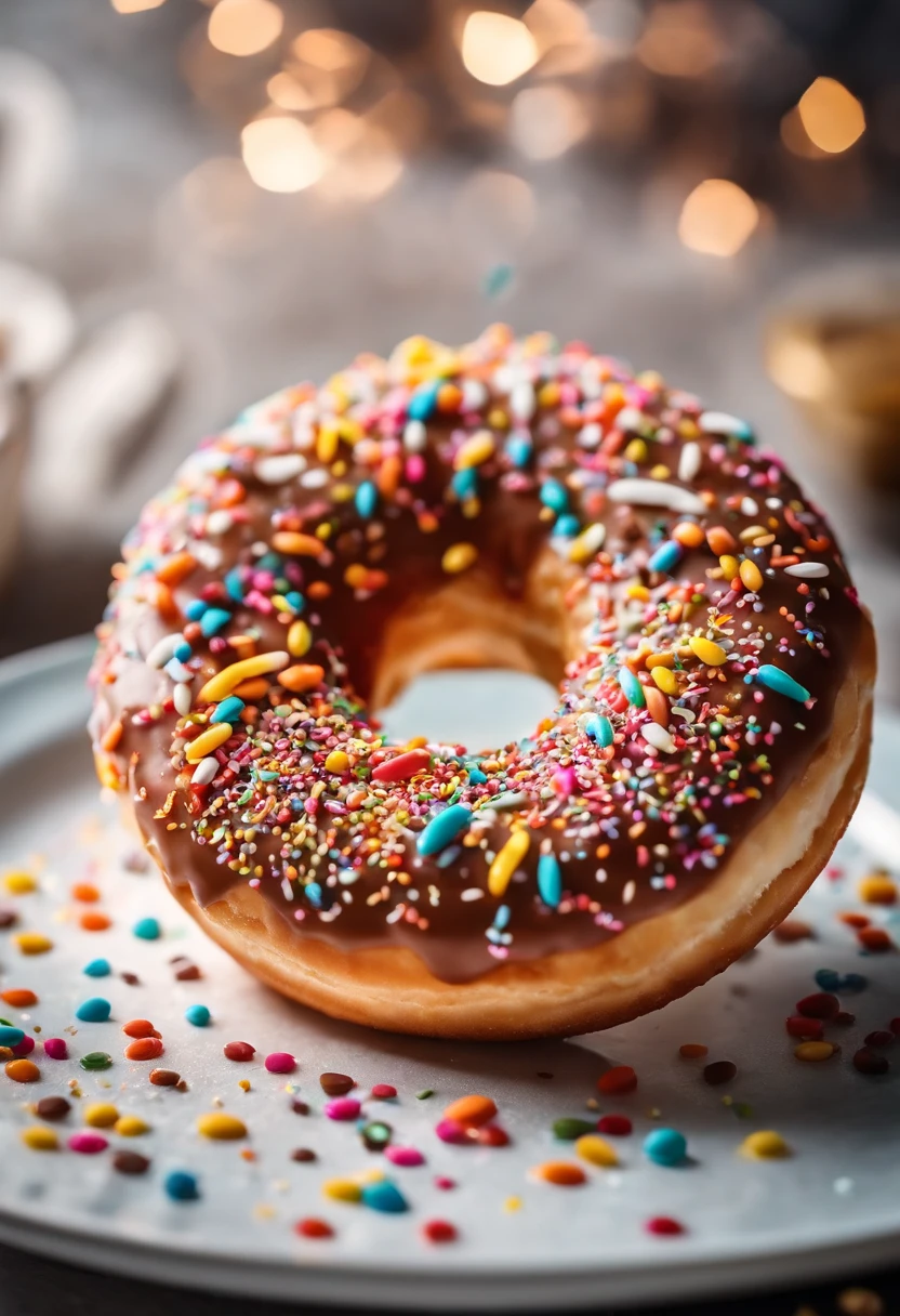 A close-up shot of a donut being decorated with colorful sprinkles, with the sprinkles scattered across the glaze and adding a playful and visually delightful touch