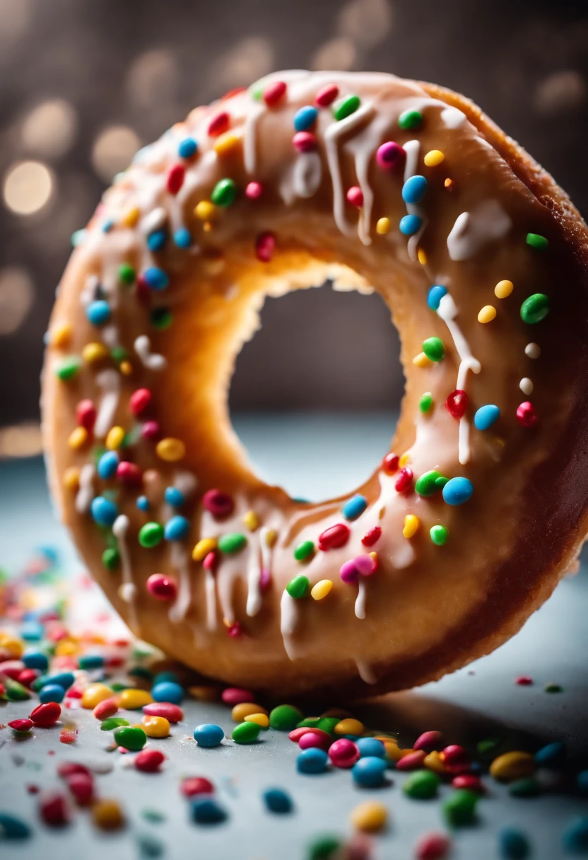 A close-up shot of a donut being decorated with colorful sprinkles, with the sprinkles scattered across the glaze and adding a playful and visually delightful touch