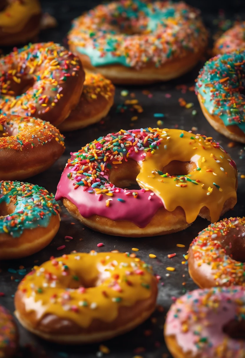 A close-up shot of a donut being decorated with colorful sprinkles, with the sprinkles scattered across the glaze and adding a playful and visually delightful touch